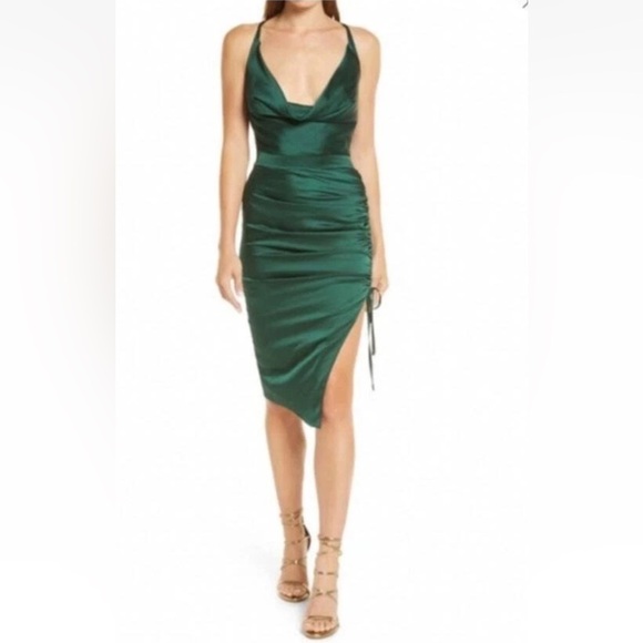 LAVISH ALICE Emerald Green drape neck ruched skirt midi cocktail dress size 8 - Picture 1 of 15